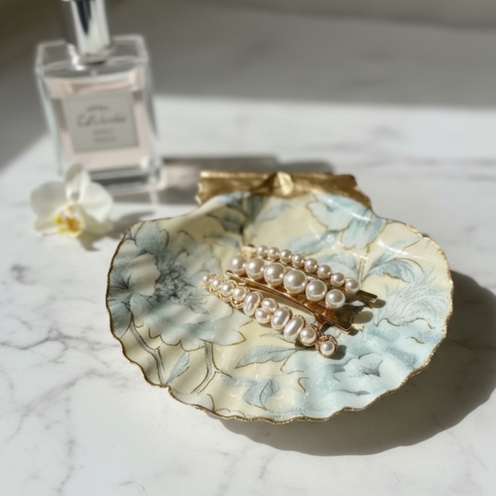Blue Botanical Seashell Trinket Dish French Country Decor